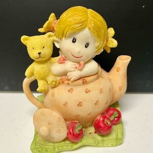 🍎 Tea Time with Teddy – Girl in Teapot Figurine ☕🐻